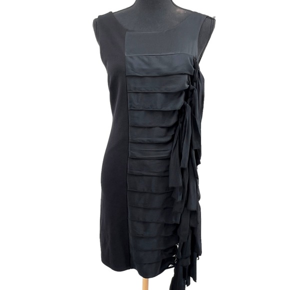 BCBG Maxazria Black Silk Blend Stretch Ponte Knotted Side Tie‎ Tiered Dress 2